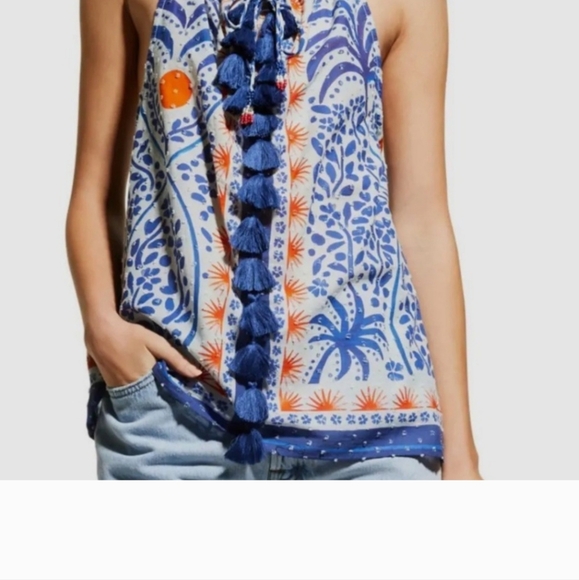 Farm Rio Tank Top Afternoon Breeze Beaded Tassel Tie Cotton Blouse Sz L NWT - Picture 8 of 9